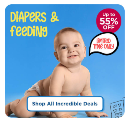 Offers on Diapers, Clothes, Toys etc. 